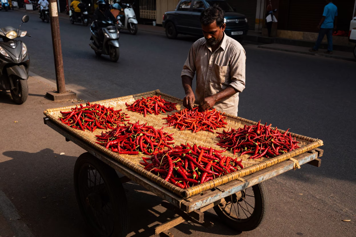 Chili Peppers in Mumbai at Honeyed Evening Light in in Mumbai, India