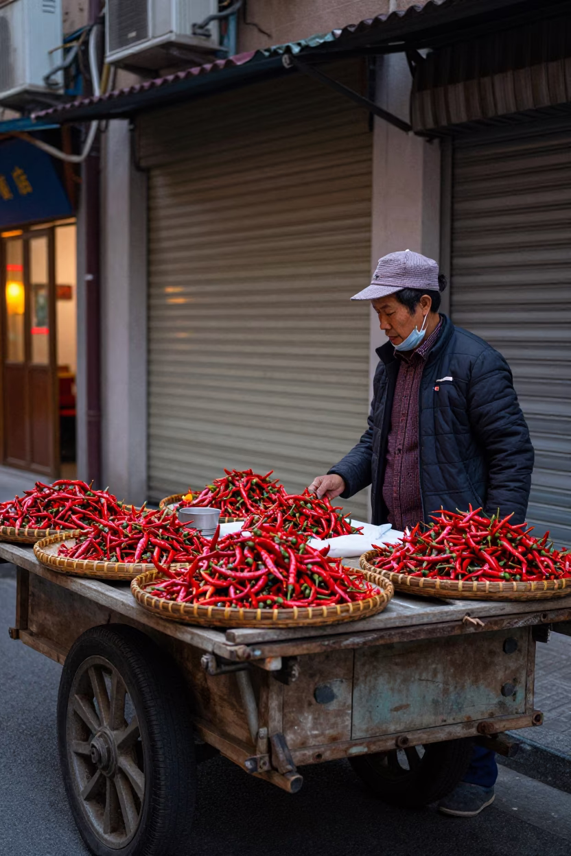 Chili Peppers in Shanghai at As City Lights Begin To Glow in in Shanghai, China