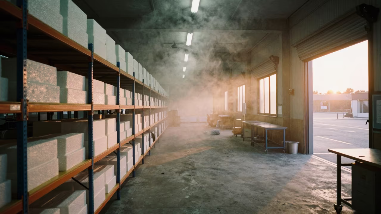 Chill Vapor on Foam Rack at Dawn in at a fulfillment packing station in Guangzhou