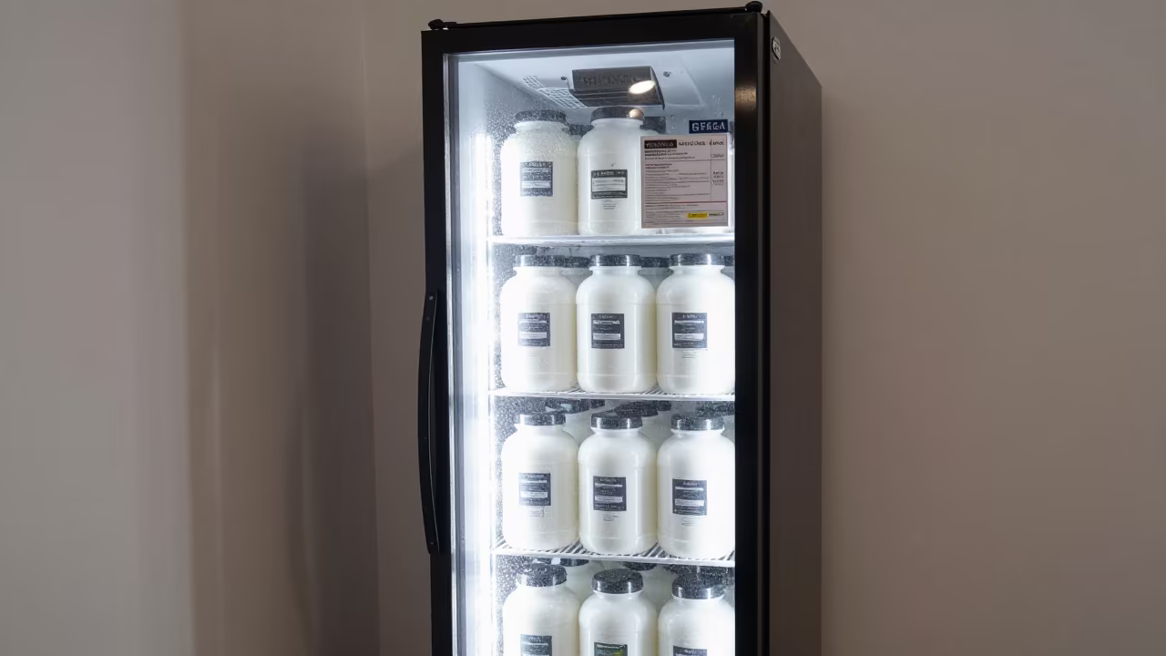 Chilled Protein Smoothie Fridge in Gitega Spin Studio in inside a spin studio under class lights in Gitega