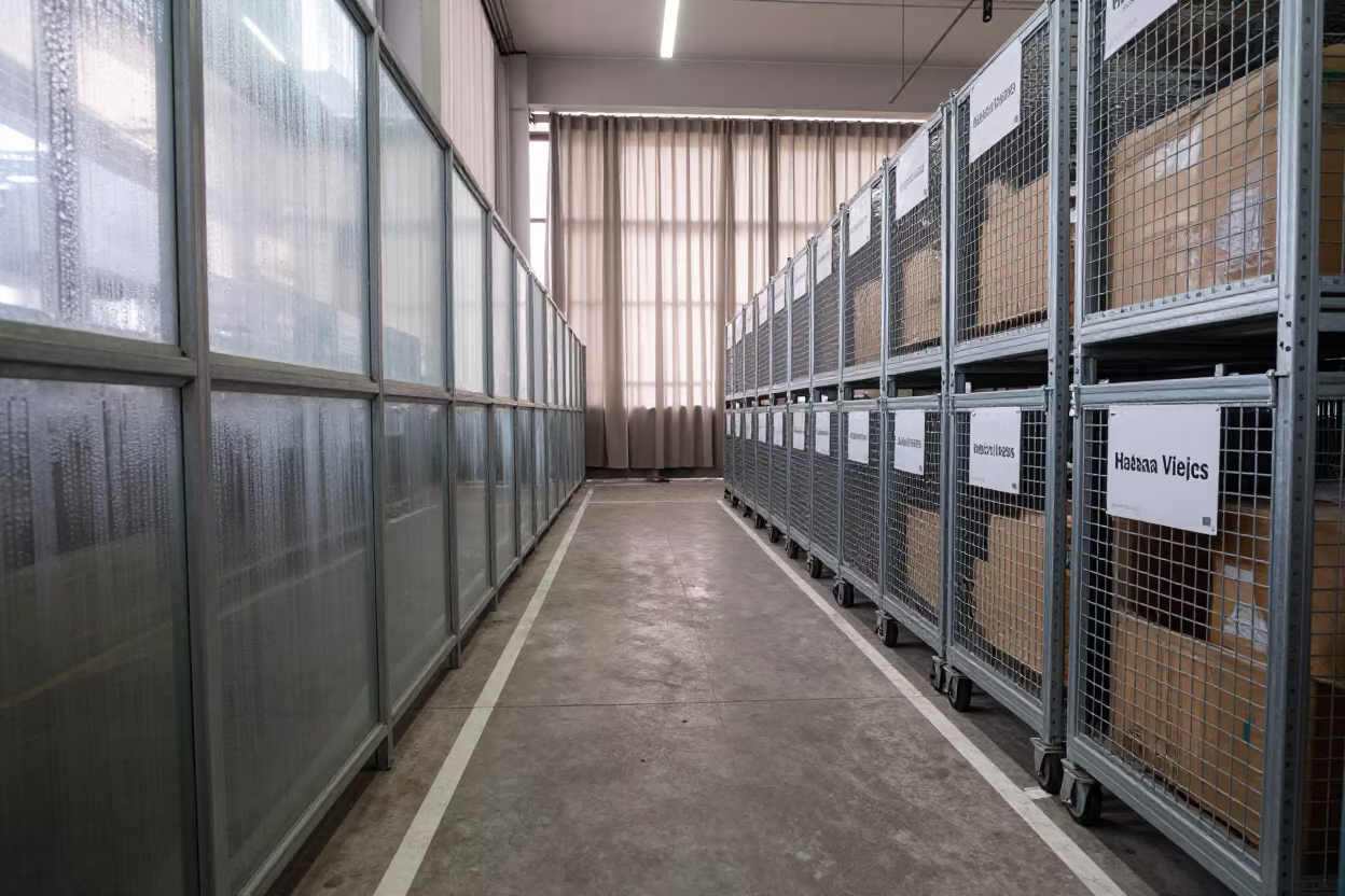 Chilled Warehouse Lane with Rolling Cages After Night Run in inside a chilled distribution bay near Habana Vieja, Havana