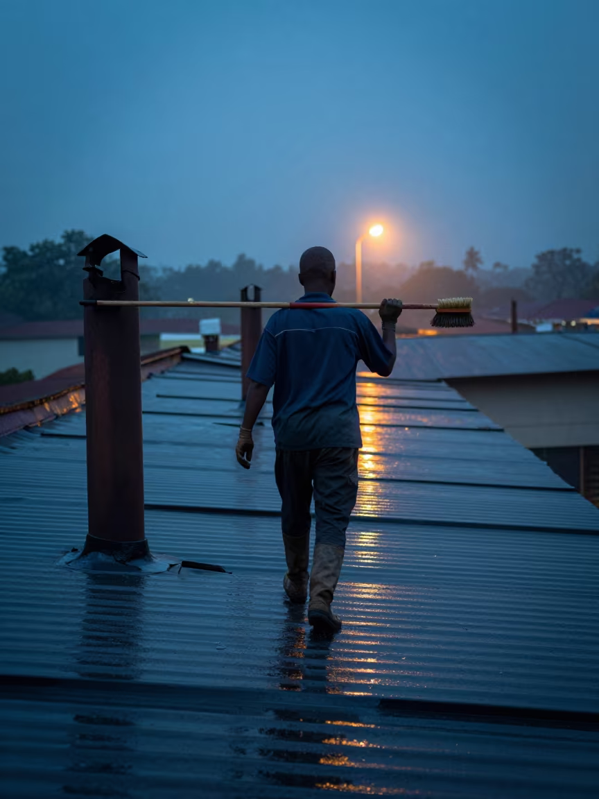 Chimney Sweep Carrying Tools Across Gweru Rooftop in in Gweru
