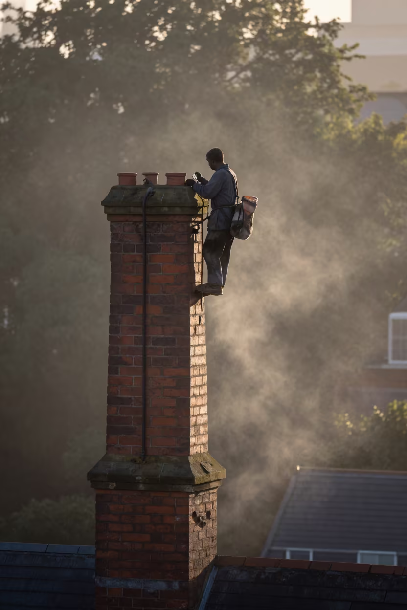 Chimney Sweep Descending Victorian Chimney at Dawn in in Christchurch