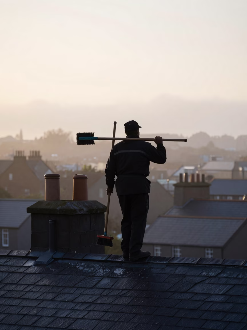 Silhouetted Chimney Sweep on Galway Rooftop in in Galway