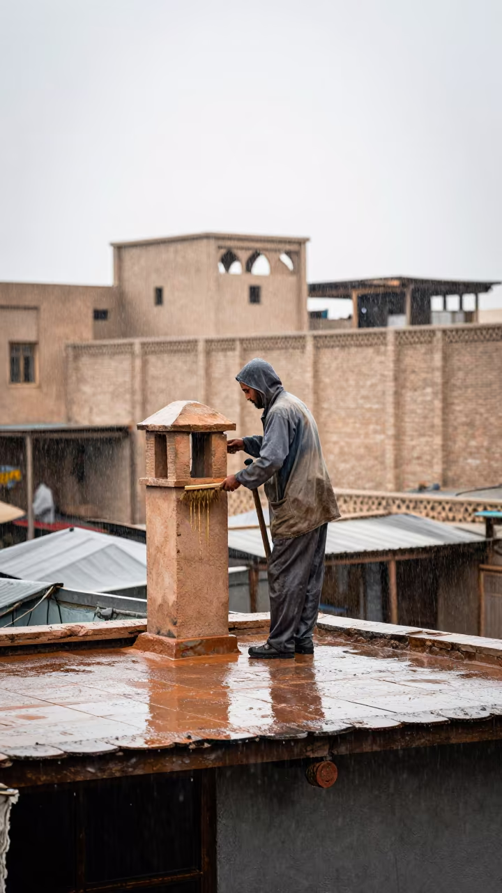 Chimney Sweep on Herat Rooftop in Rain in along a market lane in Herat