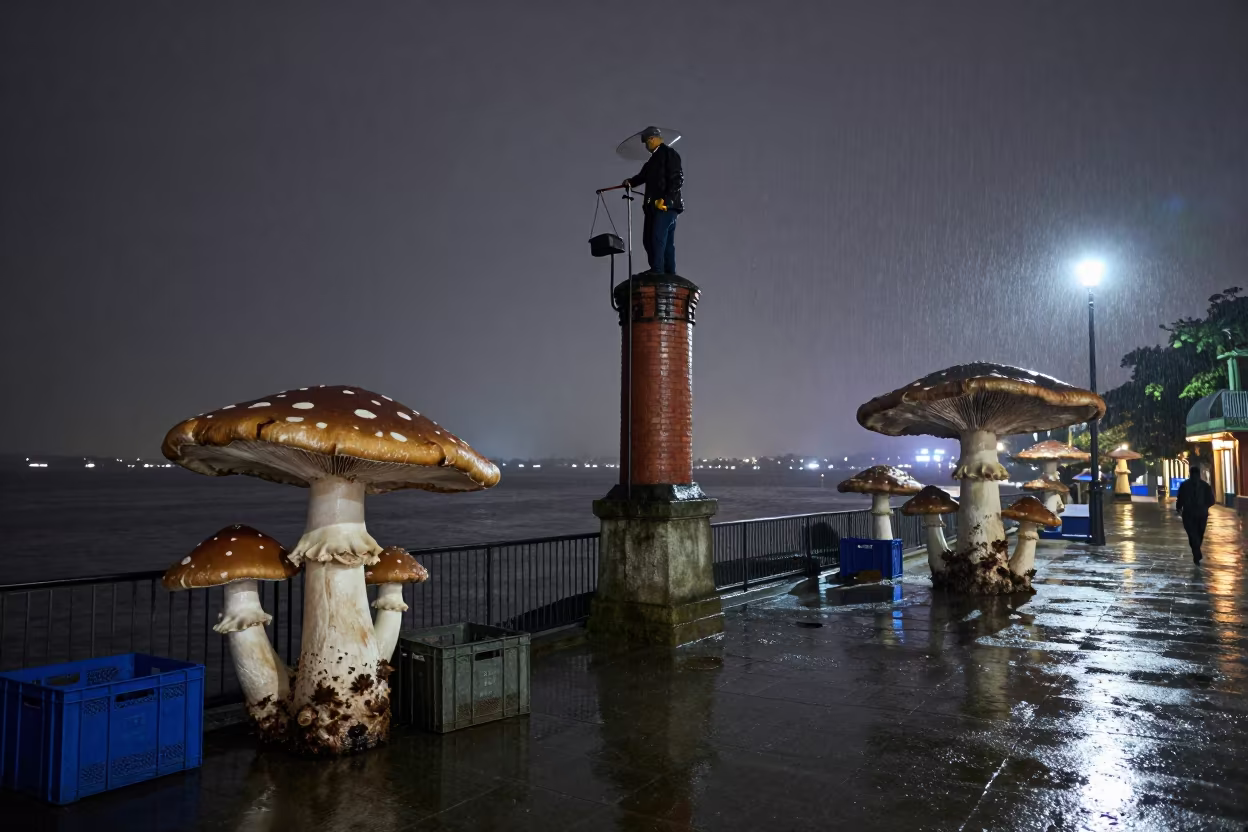 Chimney Sweep Monsoon Harbor Night Surreal in at a harbor edge in Bangalore