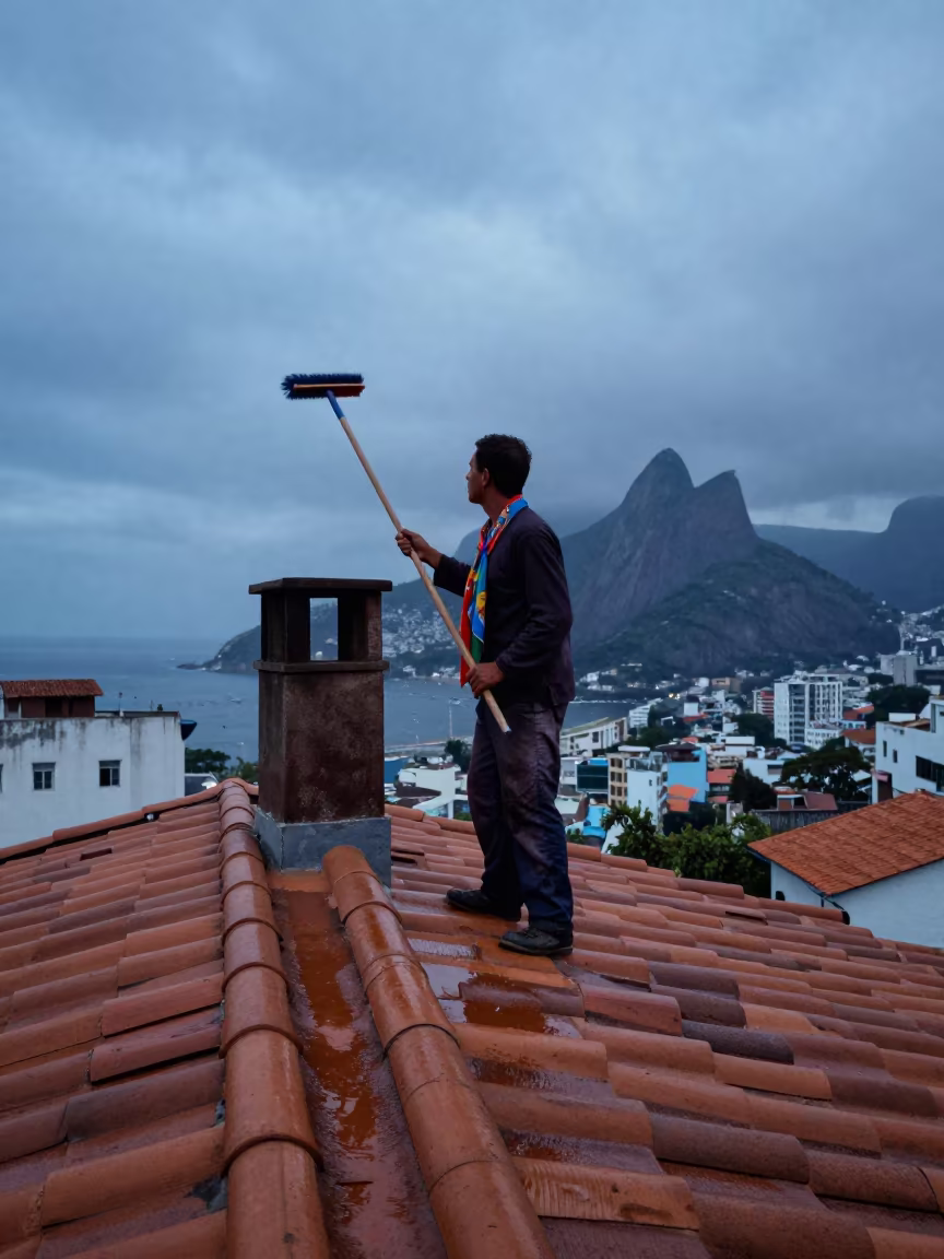 Chimney Sweep on Rio Rooftop at Twilight in near Lapa, Rio de Janeiro