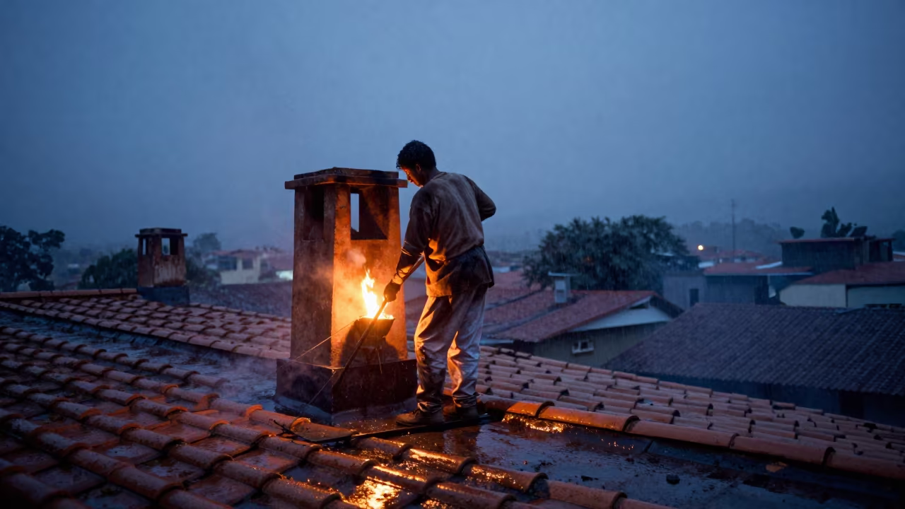 Chimney Sweep on Rooftop in Late Night Firelight in near Cúcuta