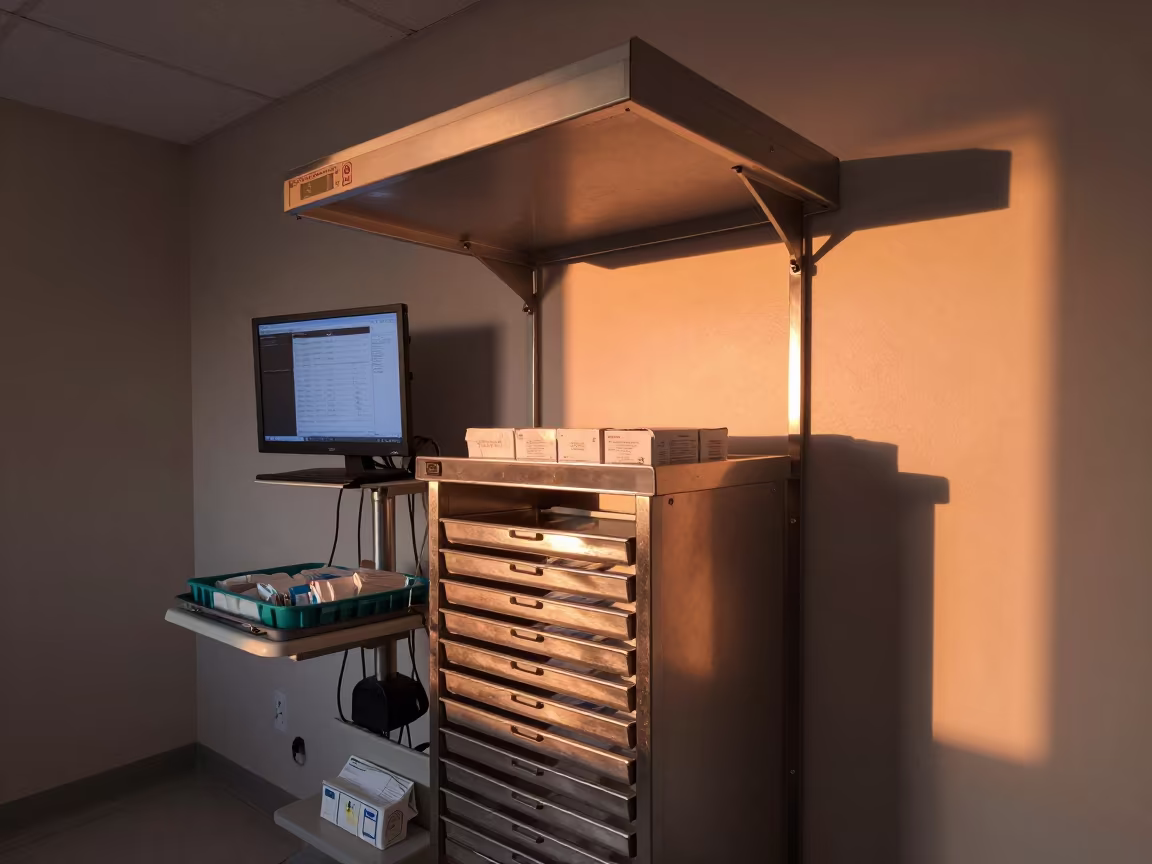 Chin Rest Drawer at Nurse Station Quebec in at a nurse station under monitor glow in Old Quebec, Quebec City