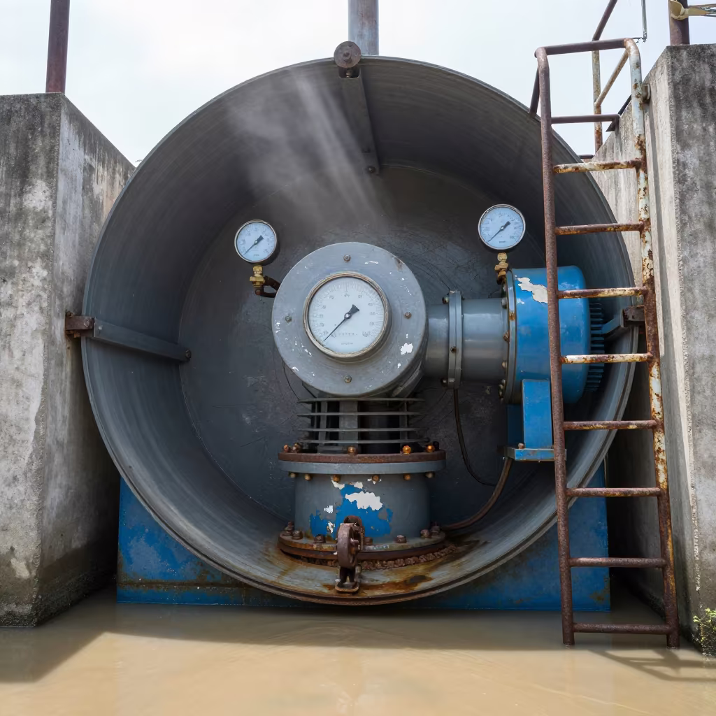 China Levee Pumping Station Gauges Ladders in along a levee path above floodwater in China