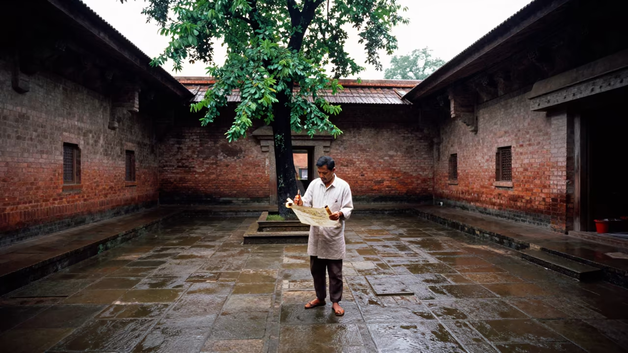 Chinese Brush Painter in Patna Temple Courtyard in in a temple courtyard near Patna