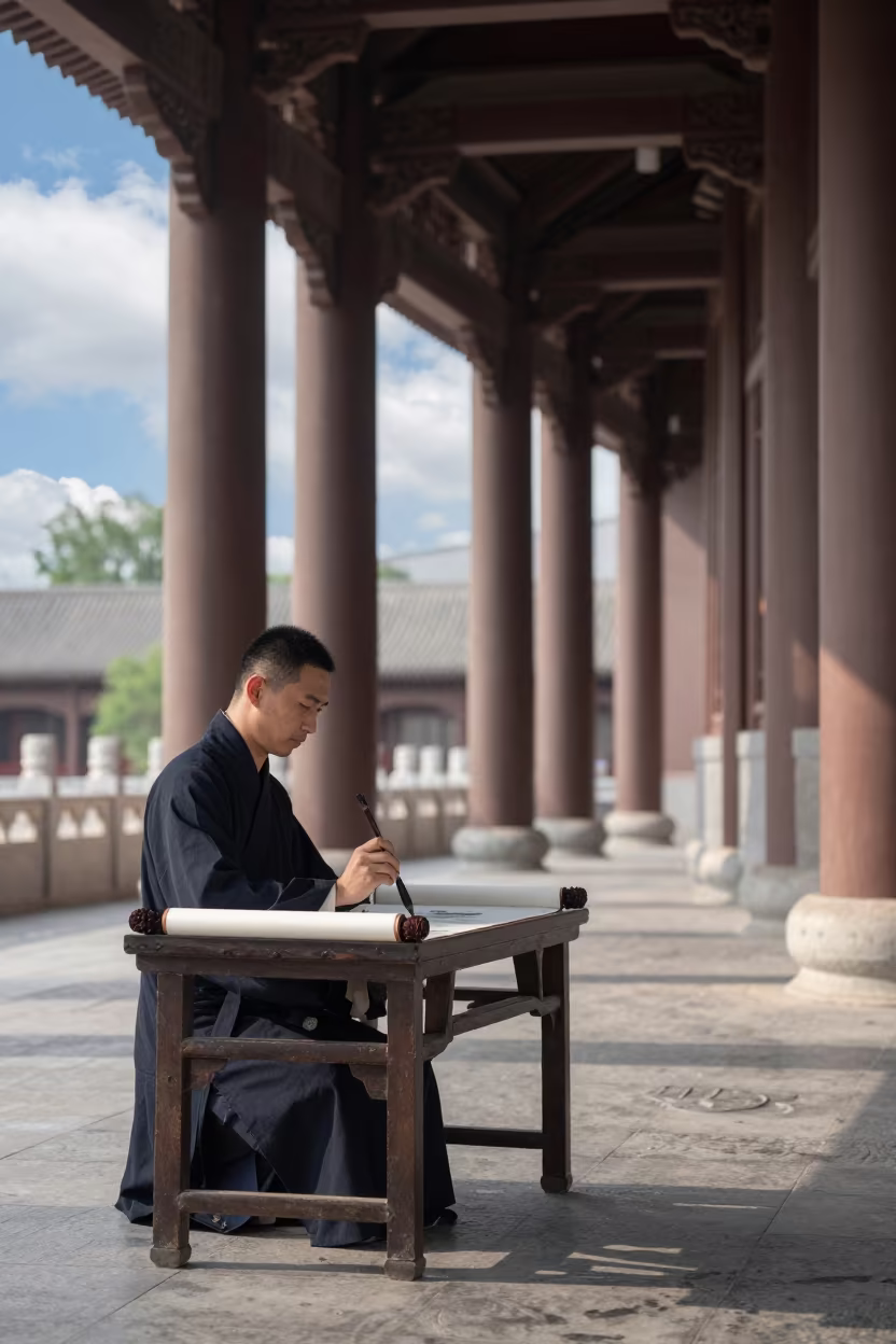 Chinese Brush Painter in Tianjin Prayer Hall in in a prayer hall near Tianjin