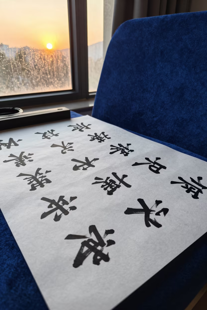 Chinese Calligraphy on Velvet Chair in Hangzhou in on a velvet chair in Hangzhou