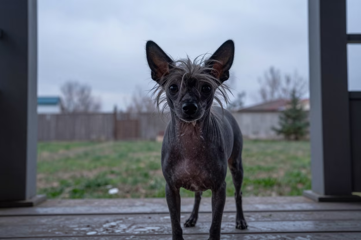 Chinese Crested Dog Porch Dawn Dushanbe in in a small yard with clipped grass, calm light, and the animal centered in frame in Dushanbe