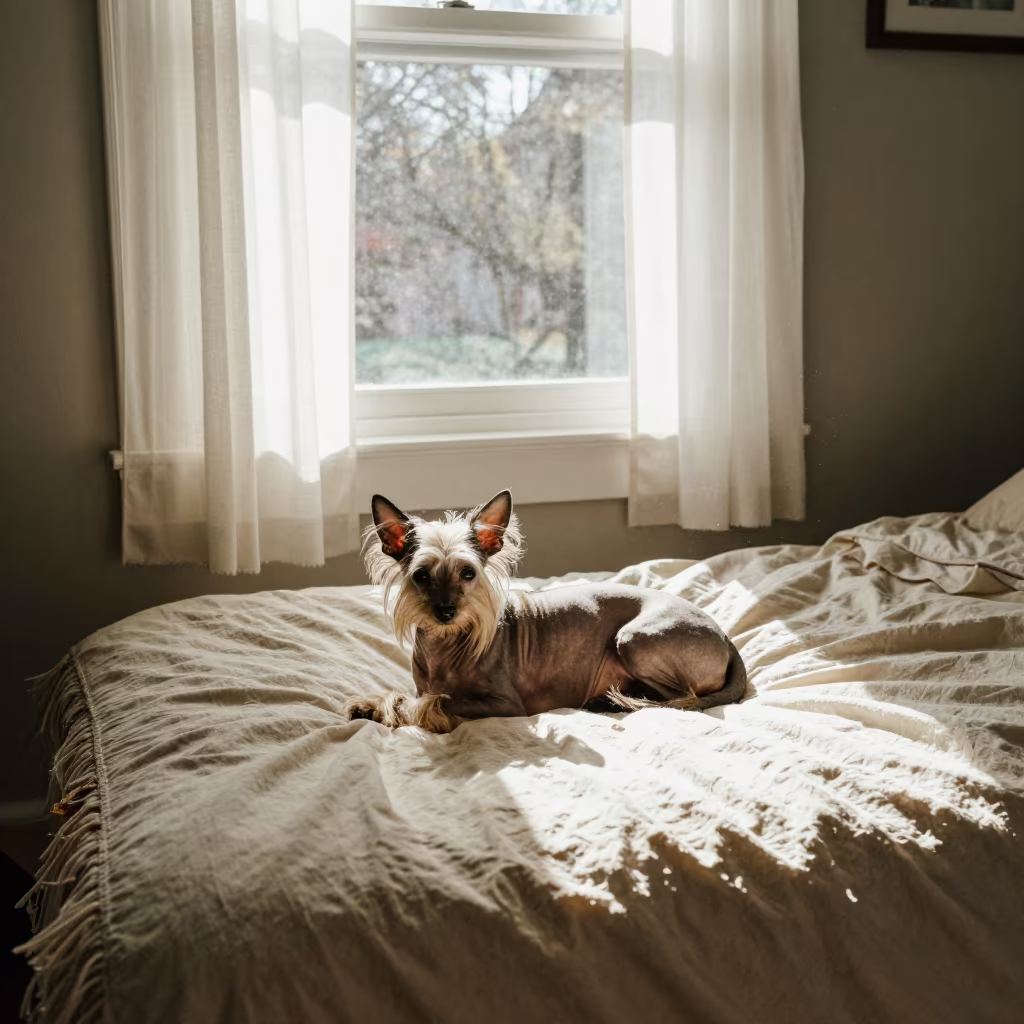 Chinese Crested Dog Resting on Bedspread Near Window in on a bedspread near a bright window with calm indoor light near Brampton