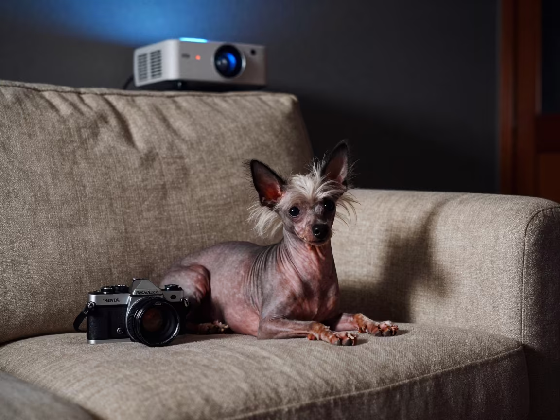 Chinese Crested Dog Resting on Linen Sofa in on a linen sofa with daylight from a nearby window in Lanzhou