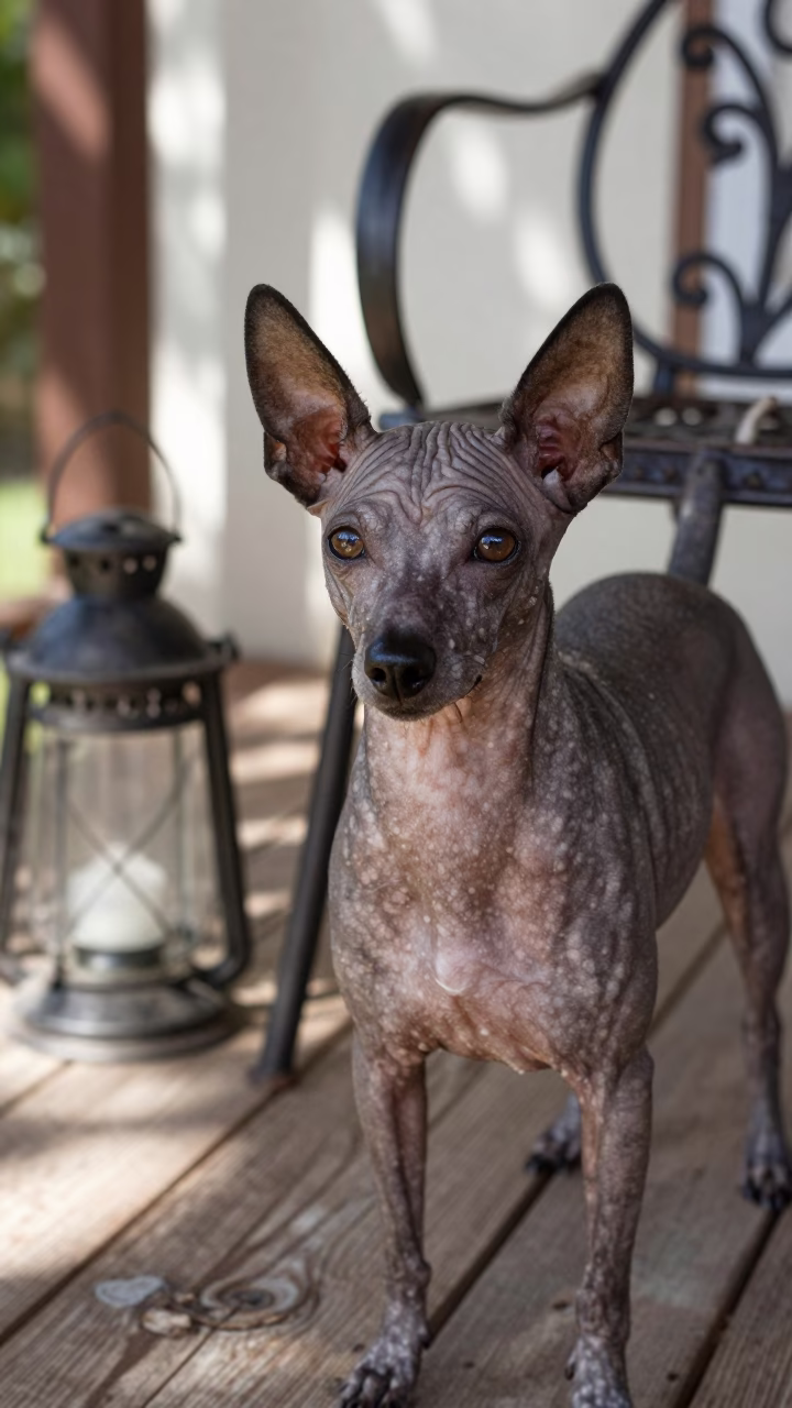 Chinese Crested on Shaded Porch in Mendoza in along a quiet park path with soft open shade and a clean background in Mendoza