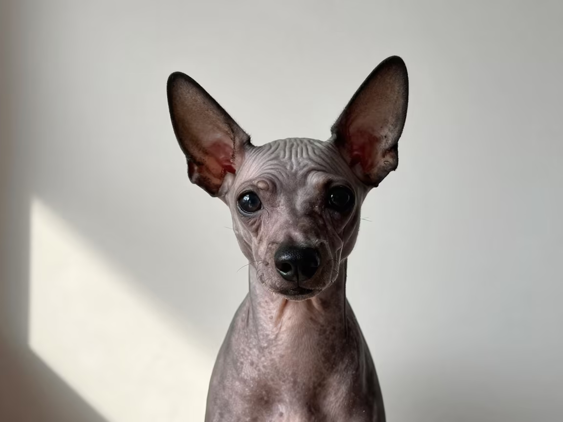 Chinese Crested Portrait in Guangzhou Indoor Light in beside a plain plaster wall in soft indoor light with the animal centered in frame in Guangzhou