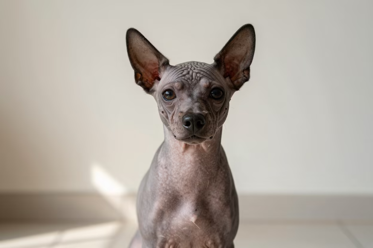 Chinese Crested Portrait in Guangzhou Light in beside a plain plaster wall in soft indoor light with the animal centered in frame in Haizhu, Guangzhou