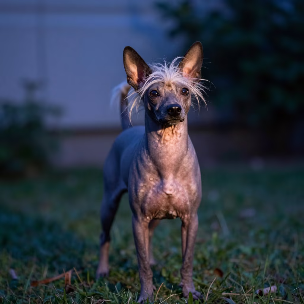 Chinese Crested Portrait in Mörön Garden Twilight in near a garden edge with soft morning light and an uncluttered background in Mörön
