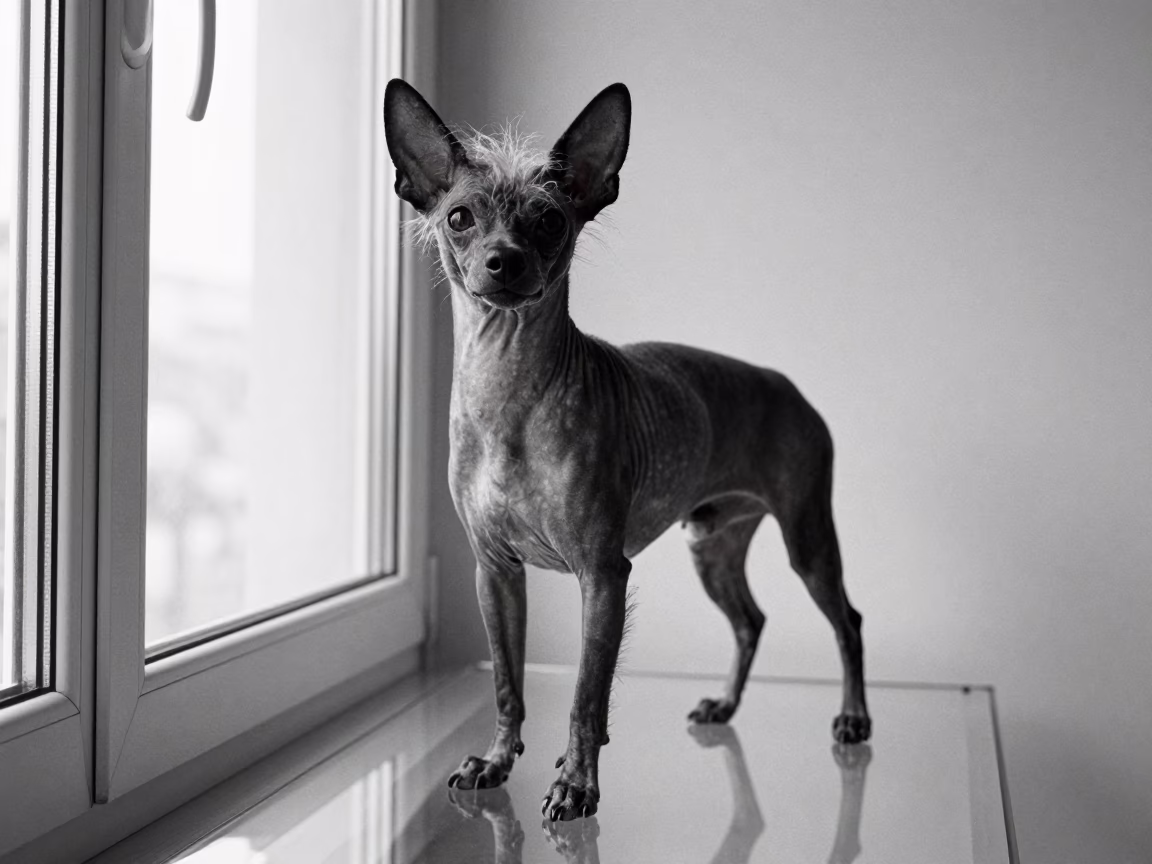 Chinese Crested Portrait in Natural Sidelight in in a quiet portrait studio with a plain backdrop and eye-level framing near Vitarte