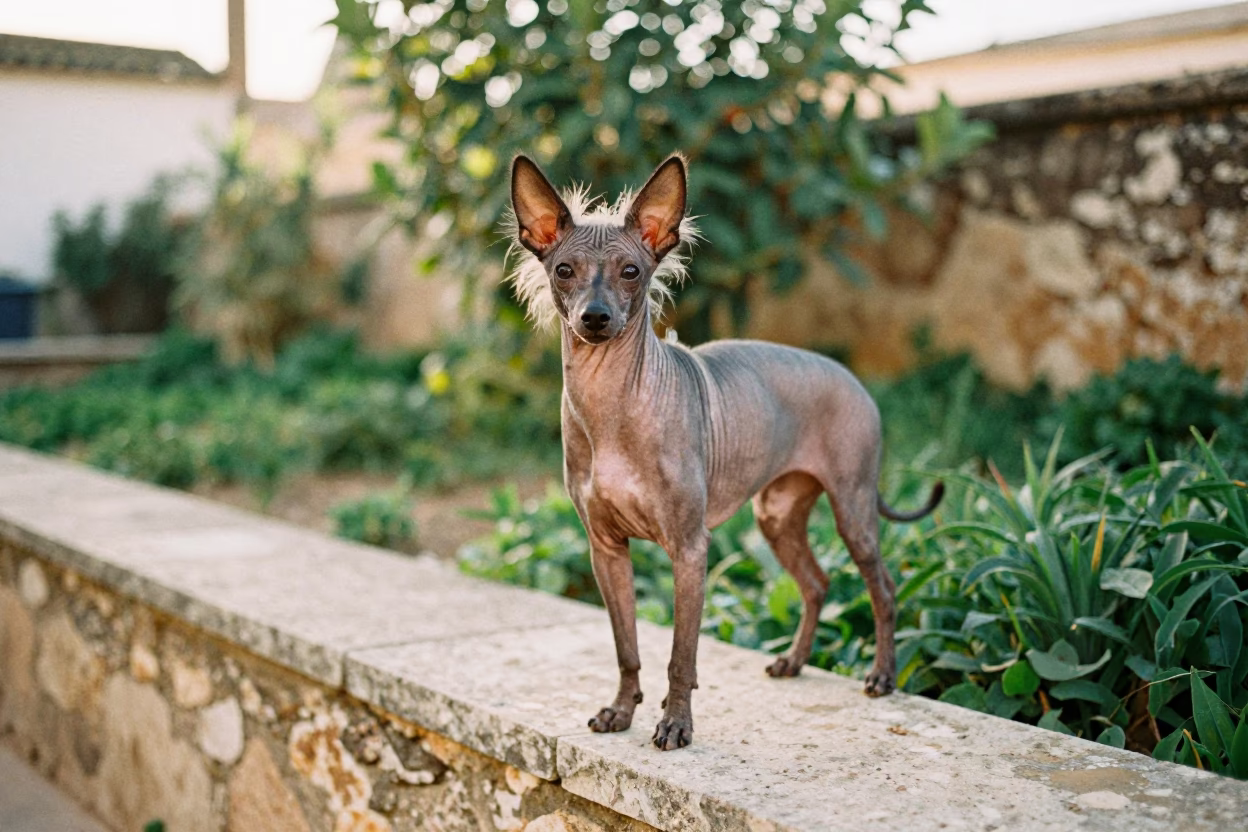 Chinese Crested Portrait in Tétouan Garden Morning in near a garden edge with soft morning light and an uncluttered background in Tétouan