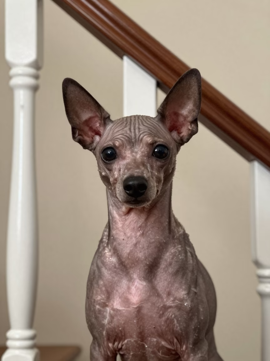 Chinese Crested Portrait in Zarqa Soft Light in beside a plain plaster wall in soft indoor light with the animal centered in frame in Zarqa
