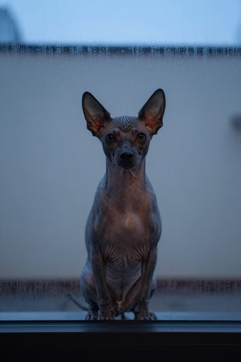 Chinese Crested Portrait Monsoon Twilight in beside a plain plaster wall in soft indoor light with the animal centered in frame near Omdurman