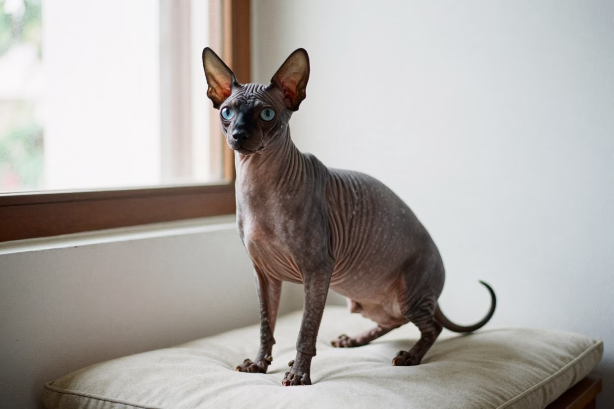 Chinese Crested Portrait on Lamu Window Seat in on a cushioned window seat with soft side light and an uncluttered background near Lamu