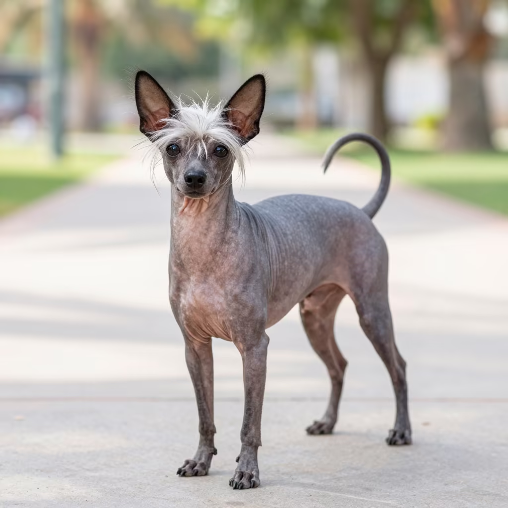 Chinese Crested Portrait on Sanaa Park Path in along a quiet park path with soft open shade and a clean background in Sanaa