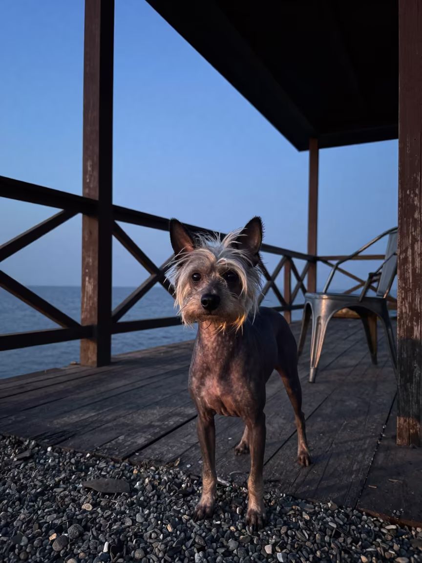 Chinese Crested Portrait on Shaded Cumilla Porch in on a shaded front porch with boards, railings, and eye-level framing near Cumilla