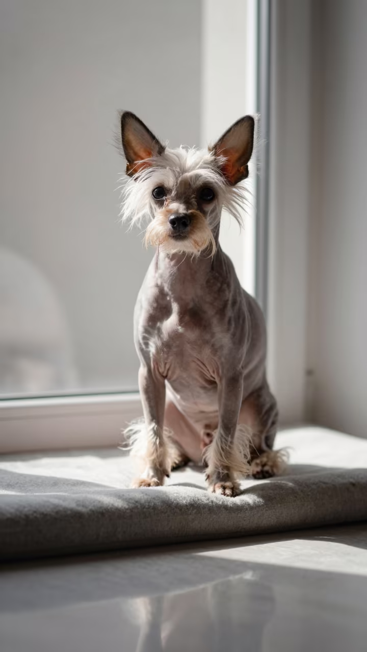 Chinese Crested Portrait on Window Seat in on a cushioned window seat with soft side light and an uncluttered background in Aba