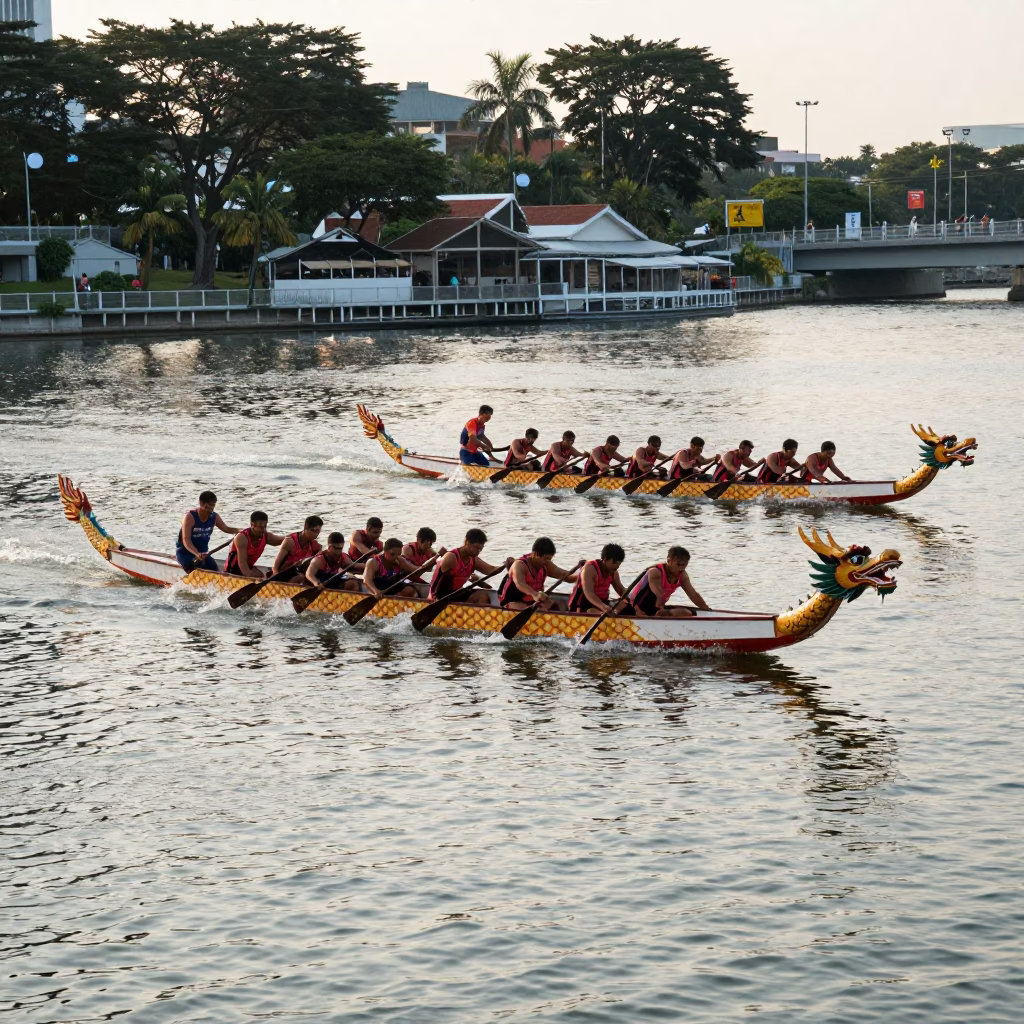Chinese dragon boat festival race on river in Singapore late morning sunlight in in Singapore, Singapore