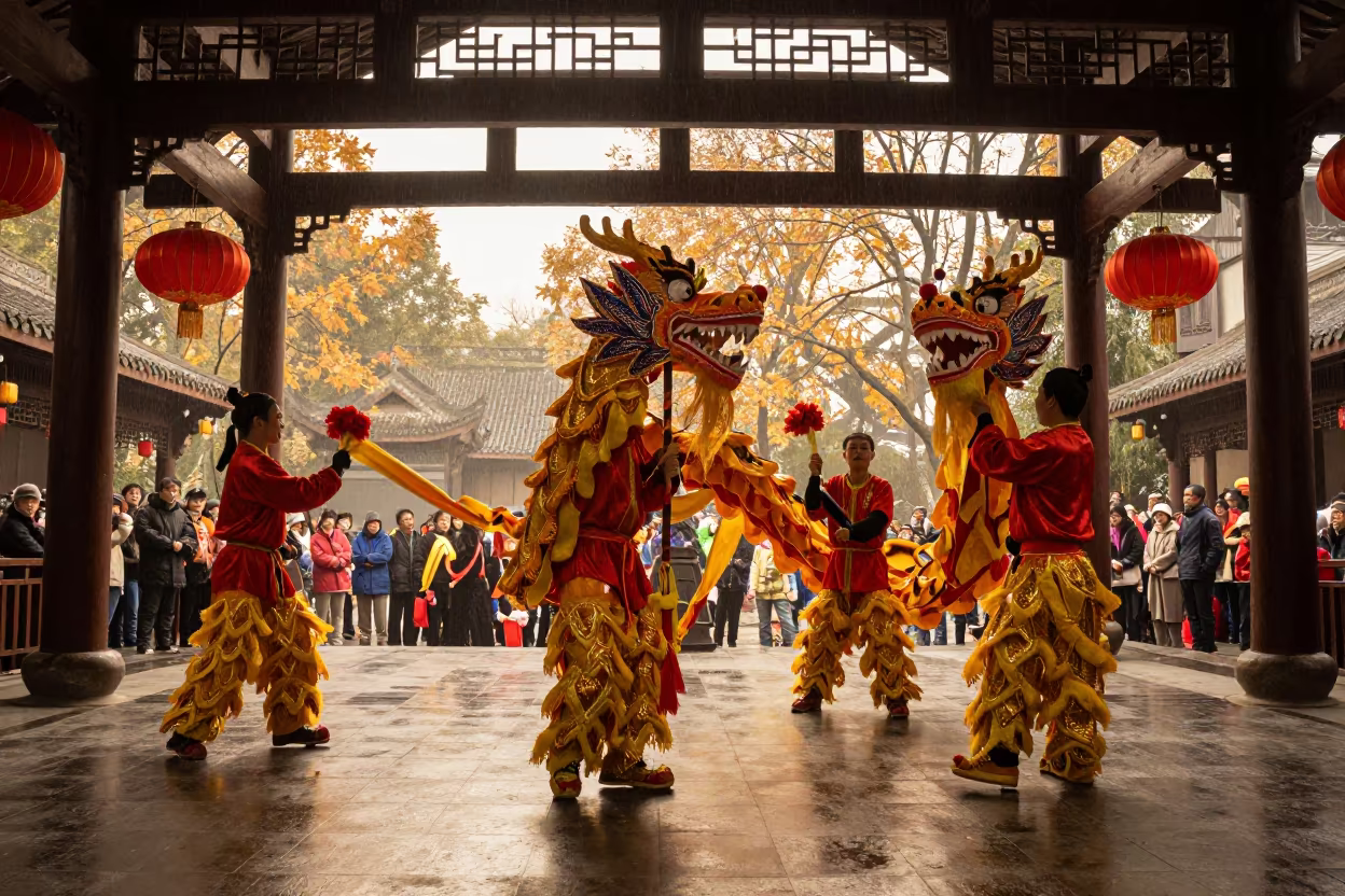 Chinese Dragon Dance Under Red Lanterns in Chengdu in in a ceremonial hall in People's Park, Chengdu