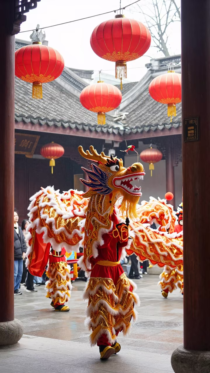 Chinese Dragon Dance Behind Red Lanterns in Shanghai Hall in in a prayer hall near Tianzifang, Shanghai