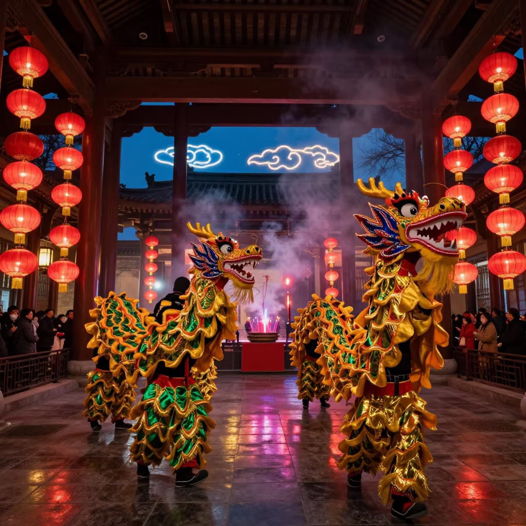 Chinese Dragon Dance Under Red Lanterns in Xi'an Hall in in a prayer hall in Xian