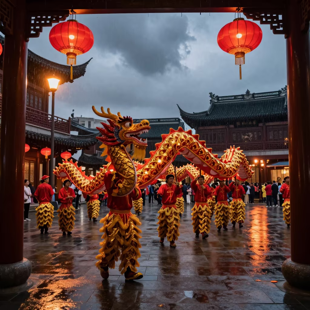Chinese Dragon Dance in Shanghai Temple Courtyard in in a temple courtyard in Shanghai
