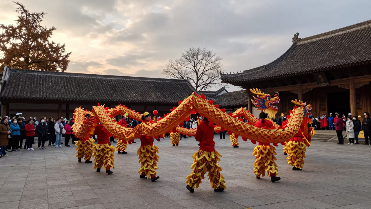 Chinese Dragon Dance in Ulm Temple Courtyard in in a temple courtyard near Ulm
