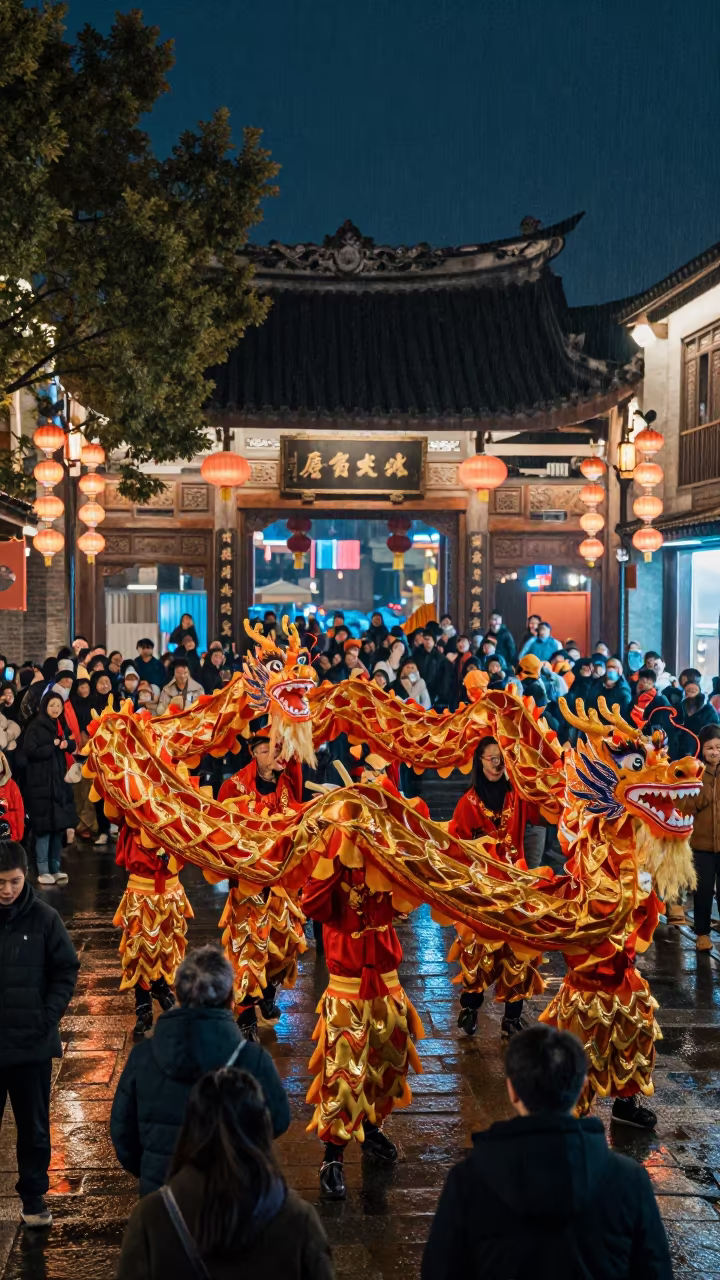 Chinese Dragon Dance Winding Through Lantern-Lit Shrine at Night in in a shrine lined with lanterns near Wenzhou