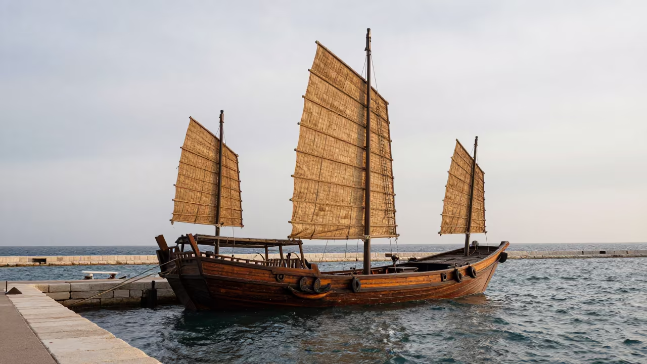 Chinese Junk with Battened Sails in Marseille Harbor in on a wind-open causeway near Marseille