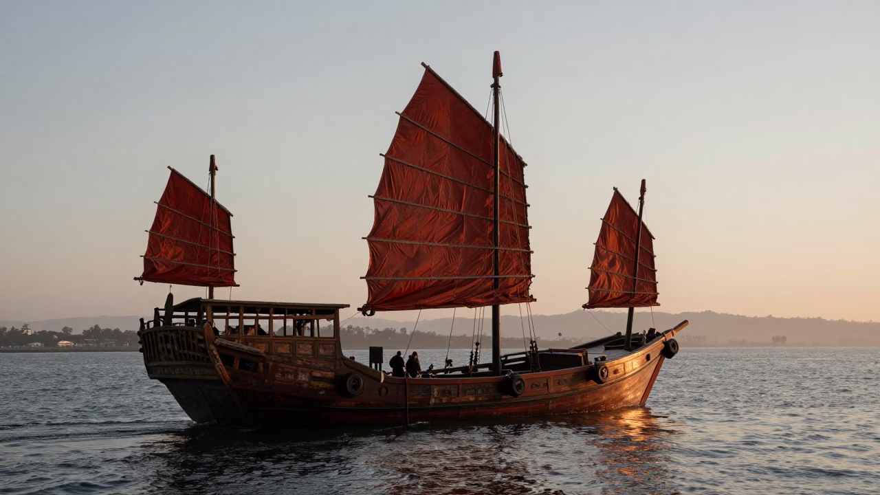 Chinese Junk in San Diego at Nautical Dawn Light in in San Diego, California, United States