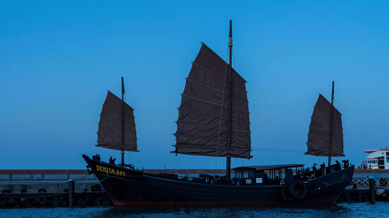 Chinese Junk Sails on Durban Causeway Twilight in on a wind-open causeway near Durban