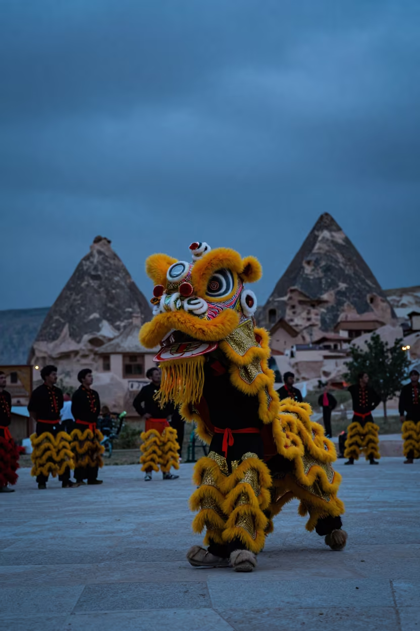 Chinese Lion Dance in Cappadocia Square at Dusk in at a public square during a festival near Cappadocia