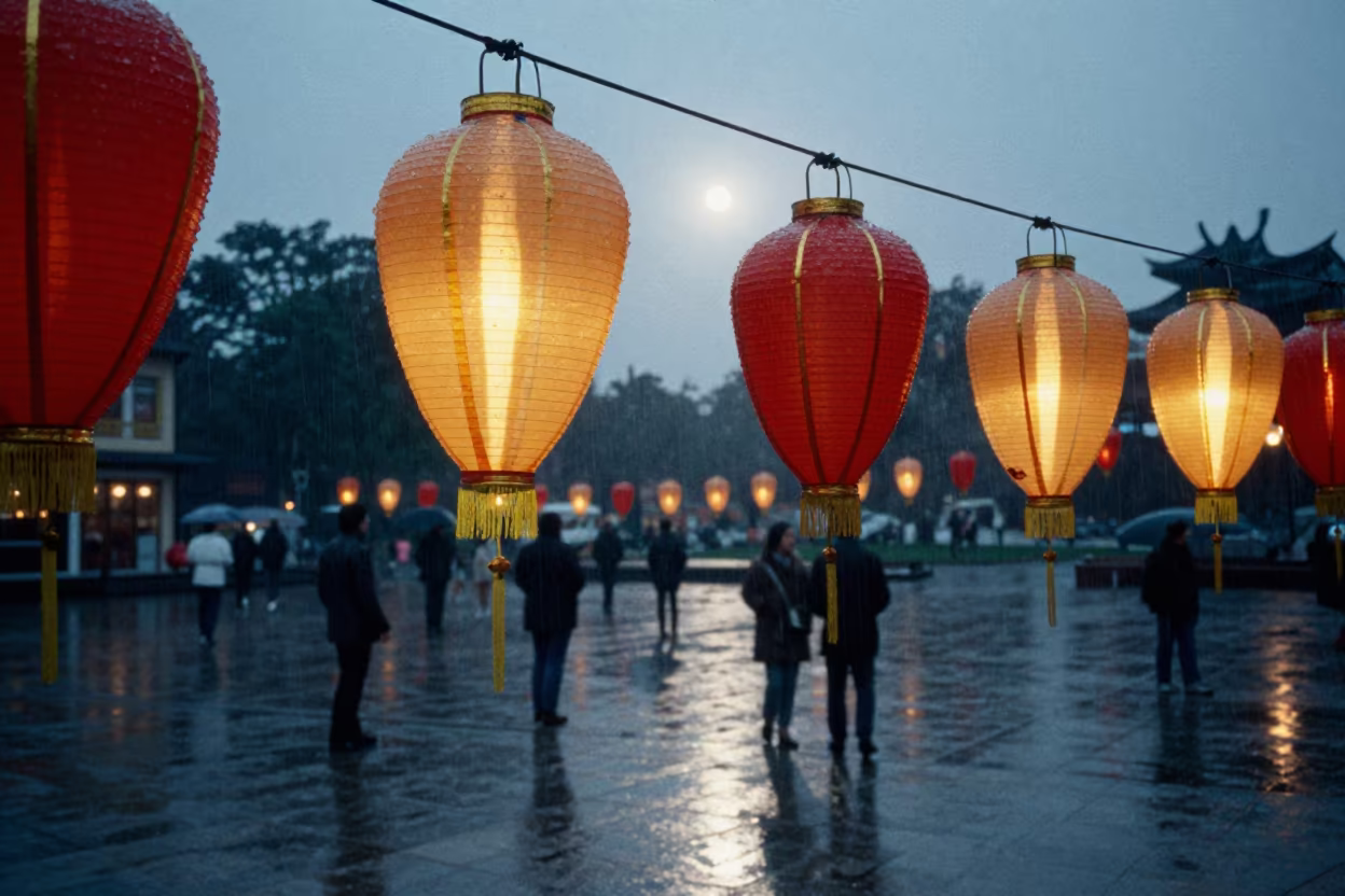 Chinese Moon Festival Lanterns in Rainy Lae Dawn in at a public square during a festival near Lae