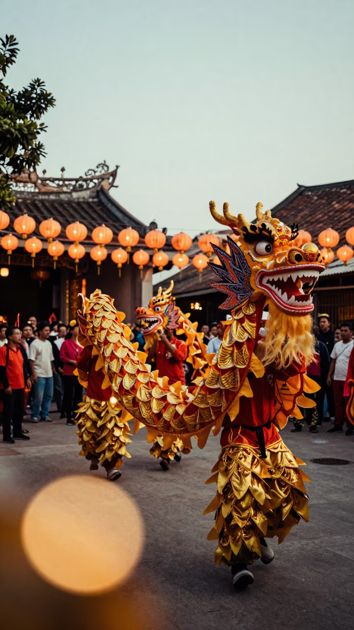 Chinese New Year Dragon in Davao Shrine in in a shrine lined with lanterns near Davao