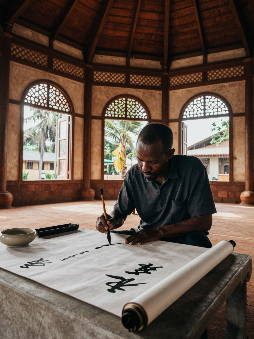 Chinese Painter Writes Calligraphy in Bujumbura Hall in in a prayer hall in Bujumbura