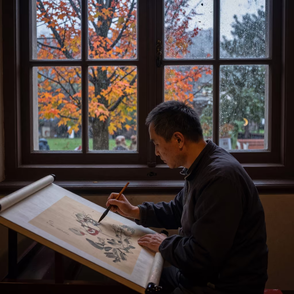 Chinese Painter in St Johns Prayer Hall in in a prayer hall in St. Johns, Portland