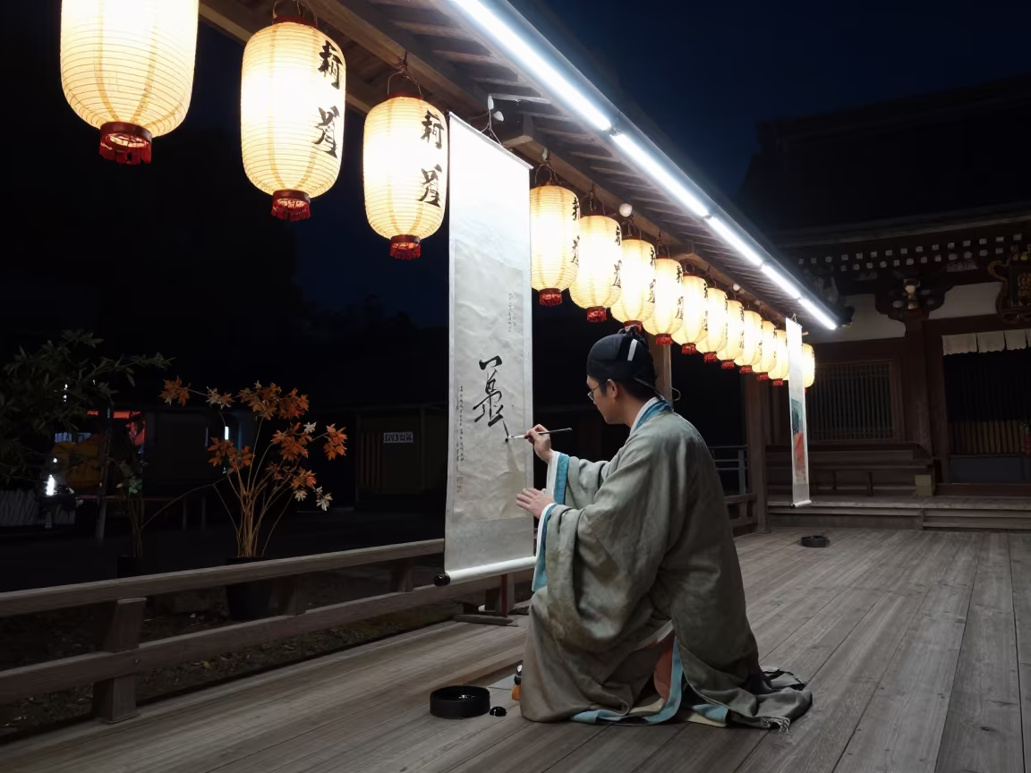 Chinese Painter in Thane Shrine Lanterns in in a shrine lined with lanterns in Thane