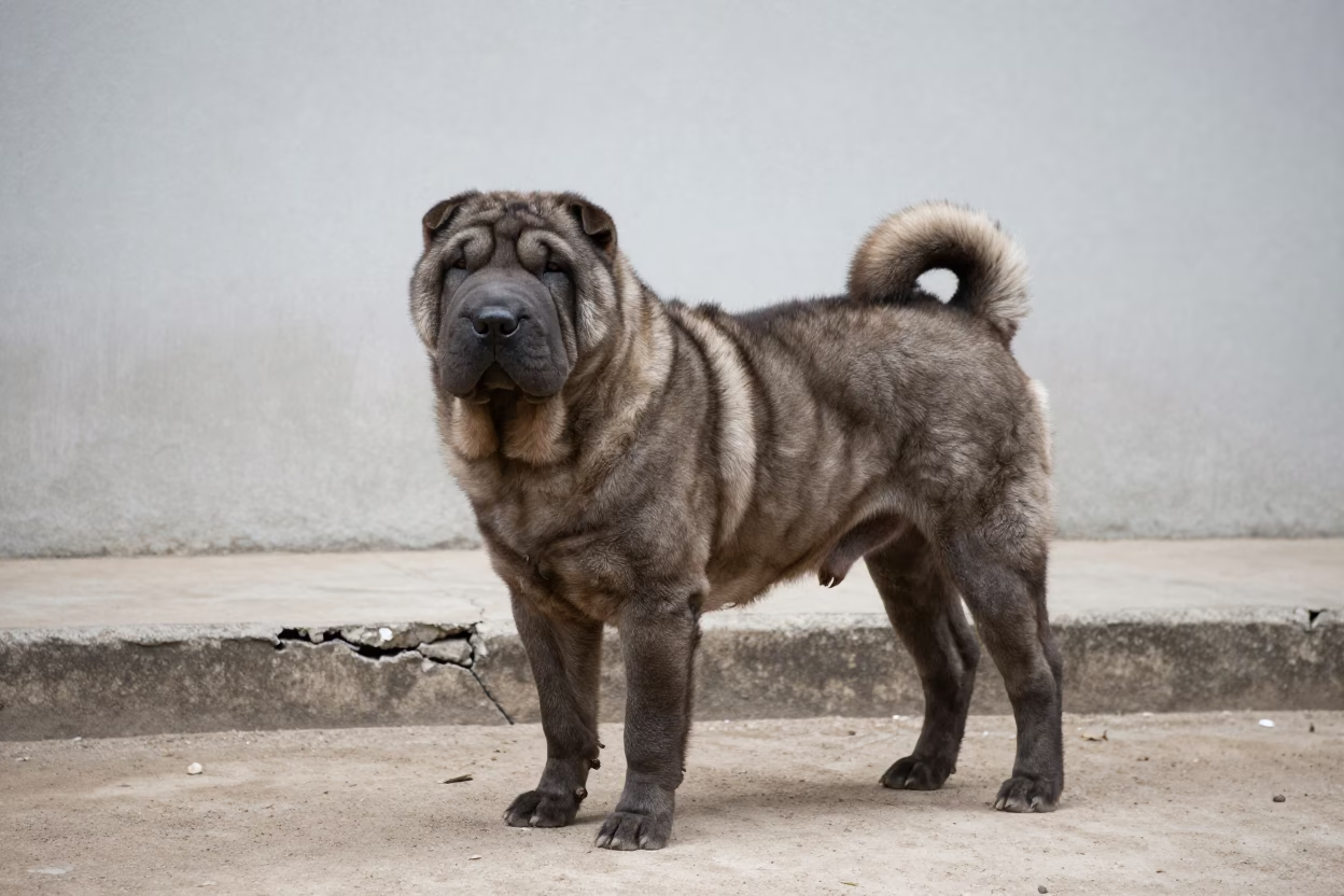 Chinese Shar-Pei in Beira Courtyard in beside a plain courtyard wall in clear daylight with the animal at eye level near Beira