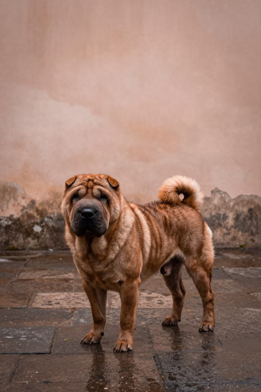 Chinese Shar-Pei in Salerno Winter Drizzle in beside a plain courtyard wall in clear daylight with the animal at eye level near Salerno